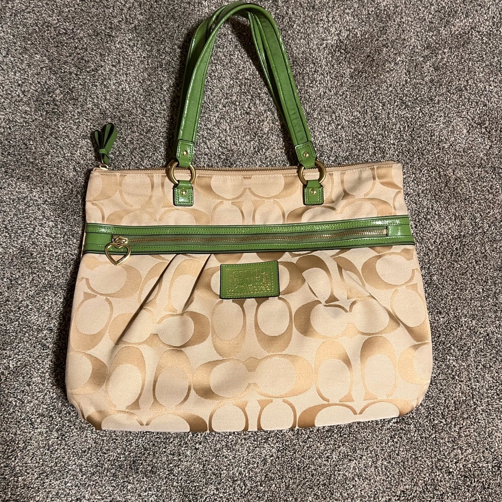 Coach Green and Cream Signature Tote